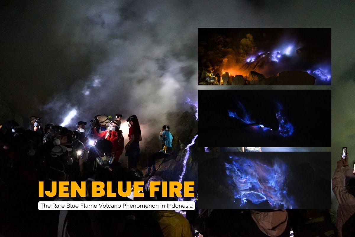 Ijen blue fire phenomenon at Kawah Ijen volcano in East Java Indonesia during a night hike