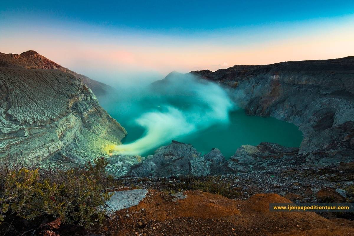 sunrise view from Mount Ijen crater rim in East Java