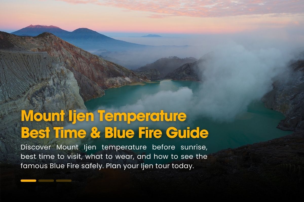 Mount Ijen temperature before sunrise with hikers walking toward the crater rim in cold early morning conditions