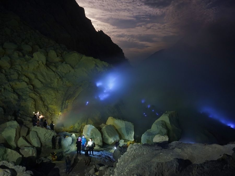 Blue fire phenomenon inside Ijen Crater at night