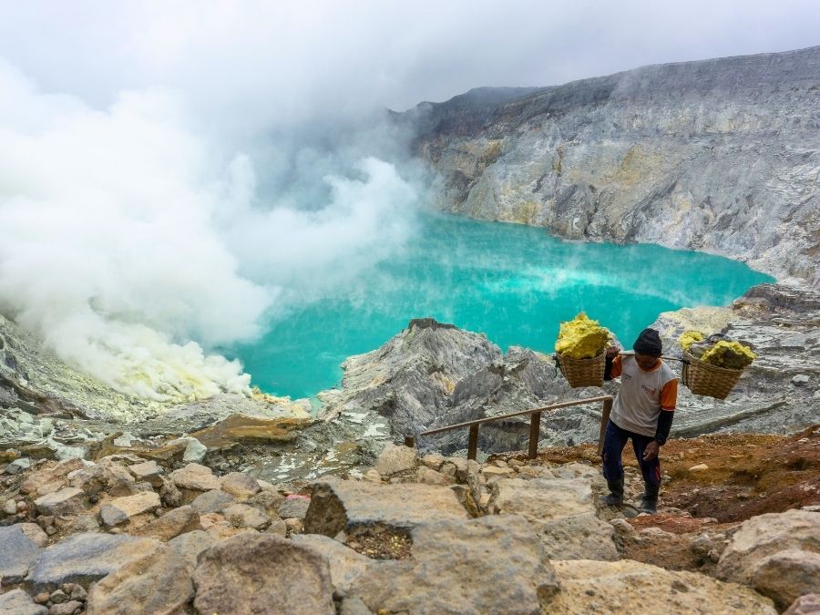 Sulfur miners working inside Ijen Crater