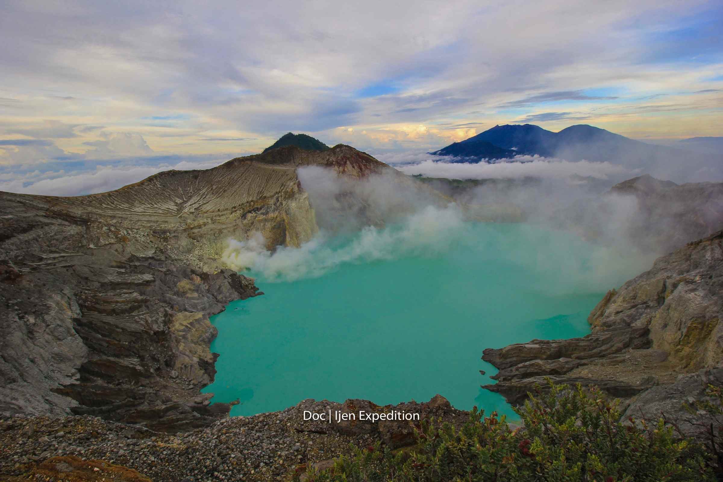 Turquoise acidic crater lake at Kawah Ijen East Java Indonesia