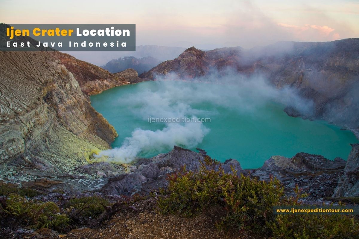 Ijen Crater location in East Java Indonesia with turquoise volcanic lake