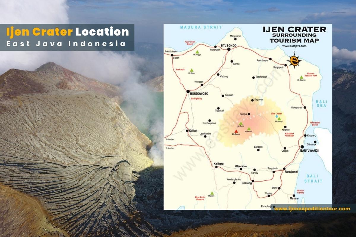 Map showing Ijen Crater location in East Java Indonesia between Banyuwangi and Bondowoso