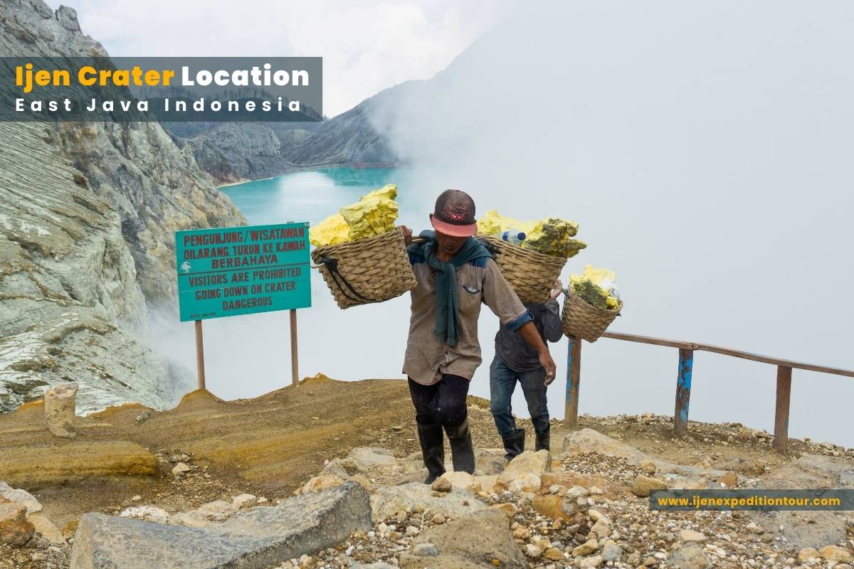 Traditional sulfur miners working inside Ijen Crater Banyuwangi East Java